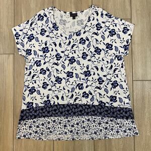 J.Jill Wearever Floral Mixed Print Tunic Top Blue White Short Sleeve XL